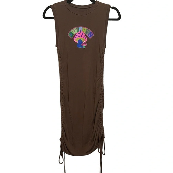omighty Dresses & Skirts - OMighty Brown Body-con Mushroom T-shirt Dress With Ruched Tie Sides Sz Small